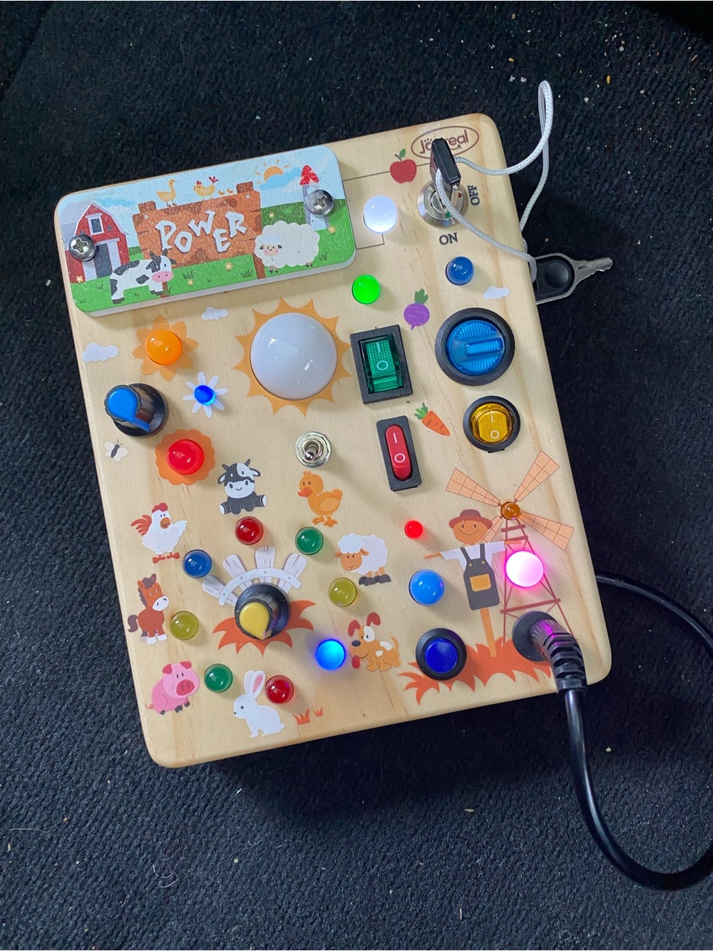Wooden Busy Board Activity Toy with Lights - Farm Theme